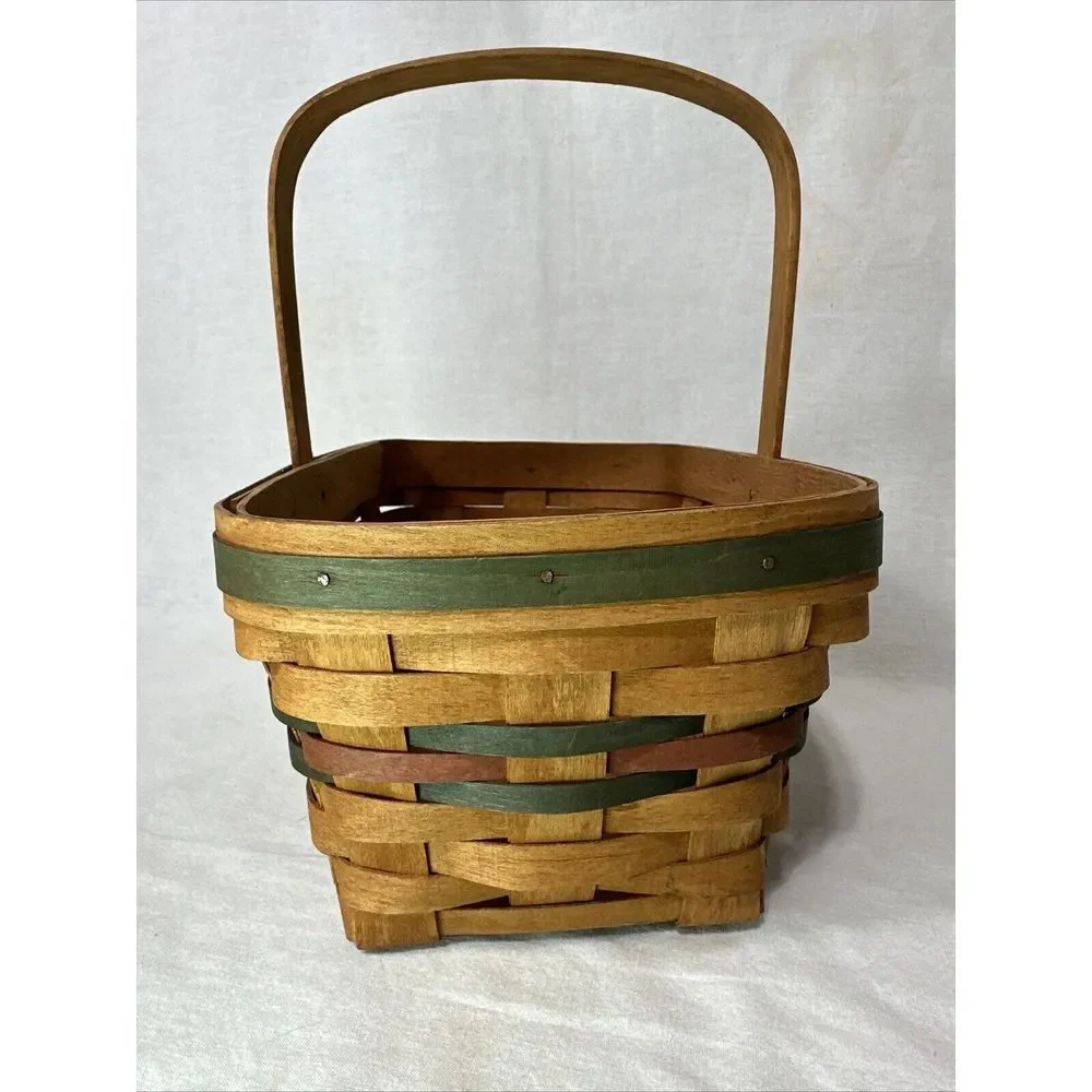 Longaberger Basket Medium with Handle 1990 Signed Green‎ and Red 11x11x8